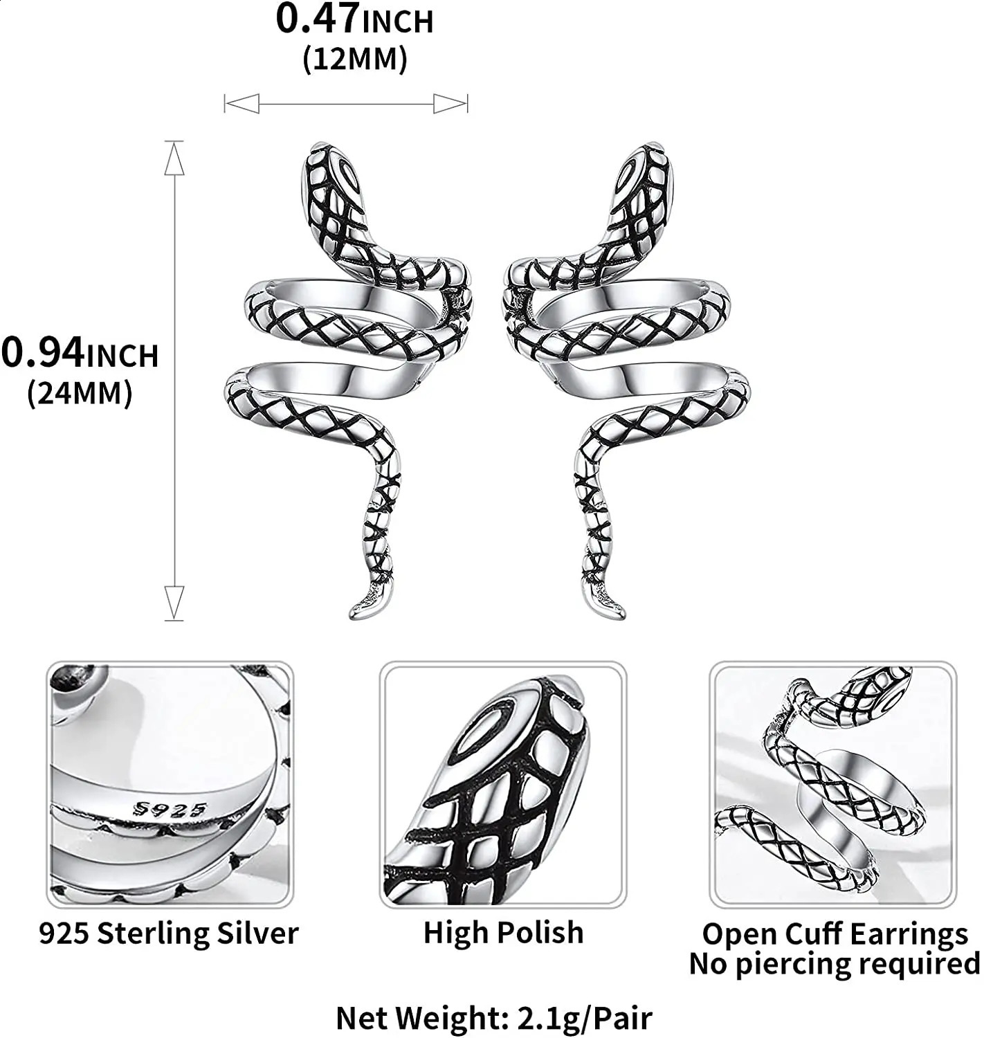 S925 Sterling Silver Snake Ear Cuff Helix Cartilage Clip on Earrings Non Piercing Earrings for Women CP541 241220