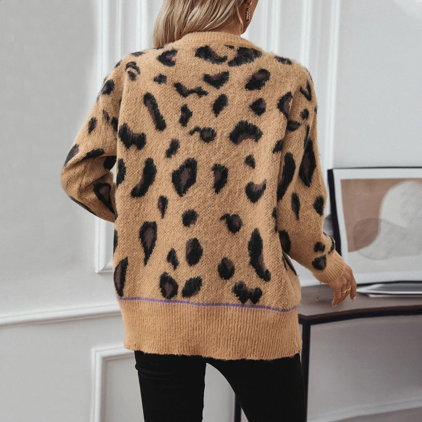 Women Leopard Print Sweaters Long Sleeve Knit Pullovers Round Neck Thick Jumpers Warm Casual Slight Strech High Street 241223