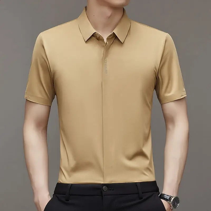 Summer Smart Casual Short Sleeved Mens Shirt Mens Solid Square Neck Button Embroidered Letter High End Wrinkle Resistant Tops 241223