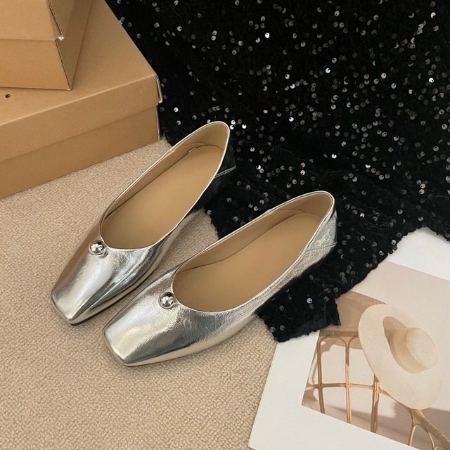 Monica 2024 Square Toe Single Shoe With Fashionable And Light Mouth Silver Mary Jane Ballet Shoes 103-3