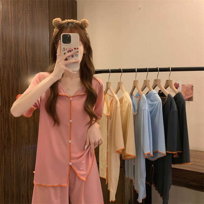 B642-Cherry print long-sleeved lapel pajamas for women, can be worn as outerwear, two-piece suit