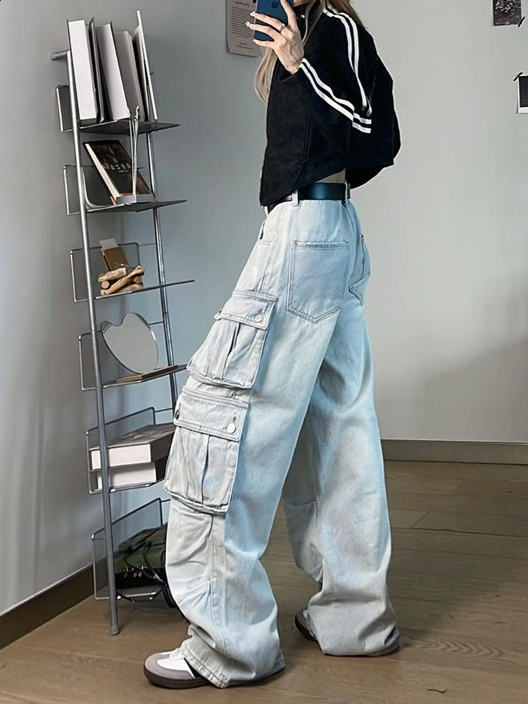 Autumn Winter Multi-Pocket Blue Washed Jeans Cargo Pants Y2k Harajuku Casual Wide Leg Pants American Street Style Baggy Car 241223