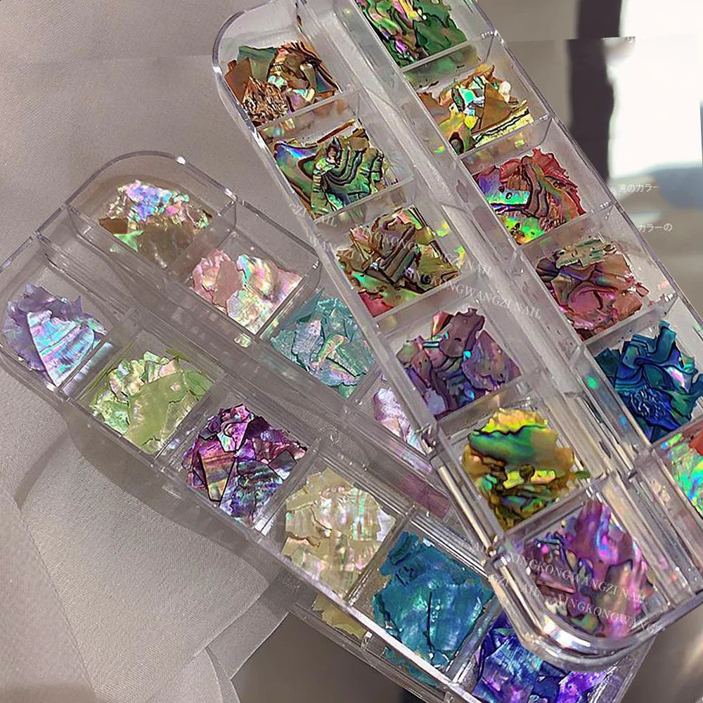 Irregular Abalone Shell Nail Art Flakes 12Gridsbox Natural Sea Shell Slices Nail Charms 3D Shiny Shell Sequins Manicure Flakes 241223