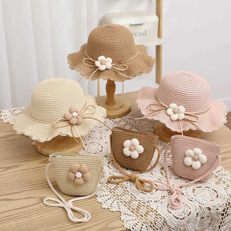 Caps Hats Childrens girls flower summer hat fashion childrens sunscreen hat grass hat beach baby accessories 2-8 years old children H241223