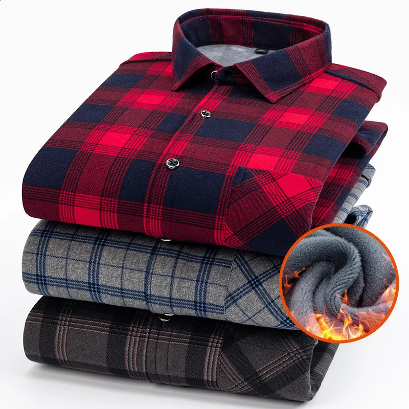 7XL 8XL plus fleece thickened mens shirt Long sleeve Autumn winter plaid non-ironing slim fit casual fashion plus size 241223