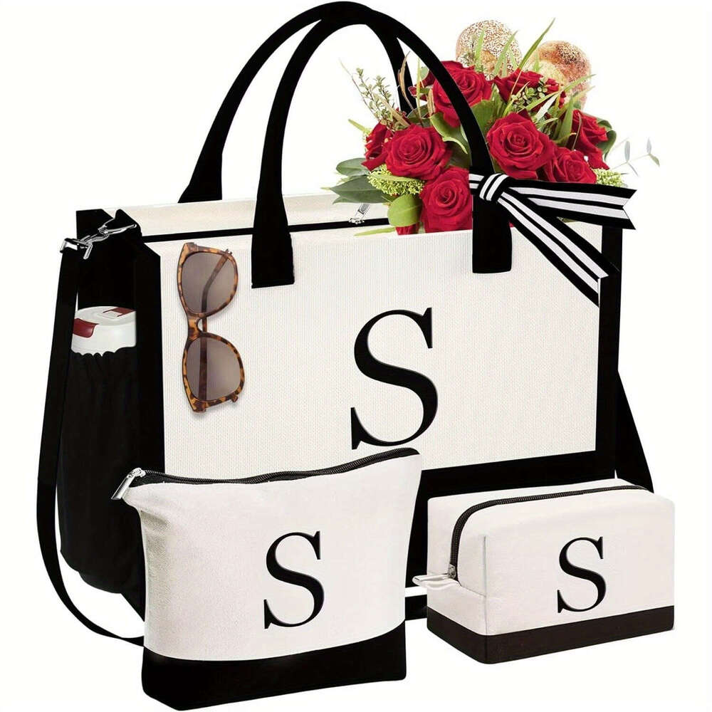 3pcs/2pcs - Initial Canvas Tote & Makeup Bag With Adjustable Strap, Birthday Women Gifts For Wife Girlfriend Friends Female Sister Teacher, Christmas 