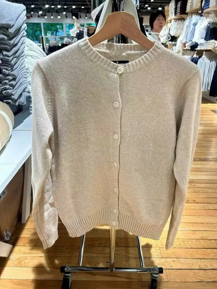 Vintage Streetwear Allmatch Sweater Cardigan Woman Autumn Gray Simple Long Sleeve Coat Round Neck Single BreastedSweaters 241220