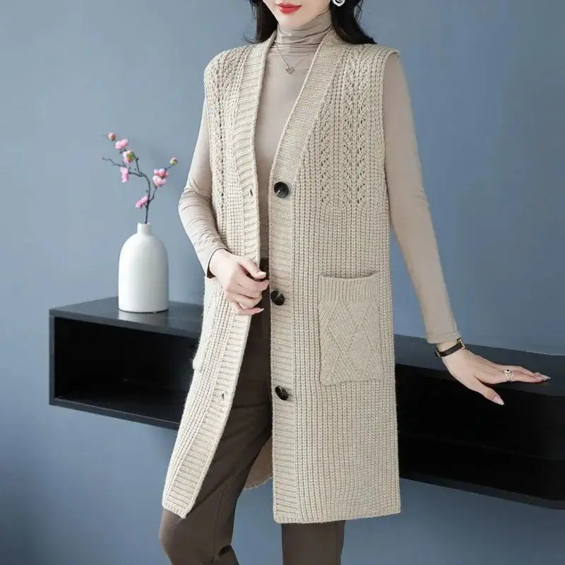 Autumn Winter Women Clothing Sweater Vests Coats Solid Vneck Pocket Sleeveless Fashion Casual Long Knitted Cardigan Tops 241220