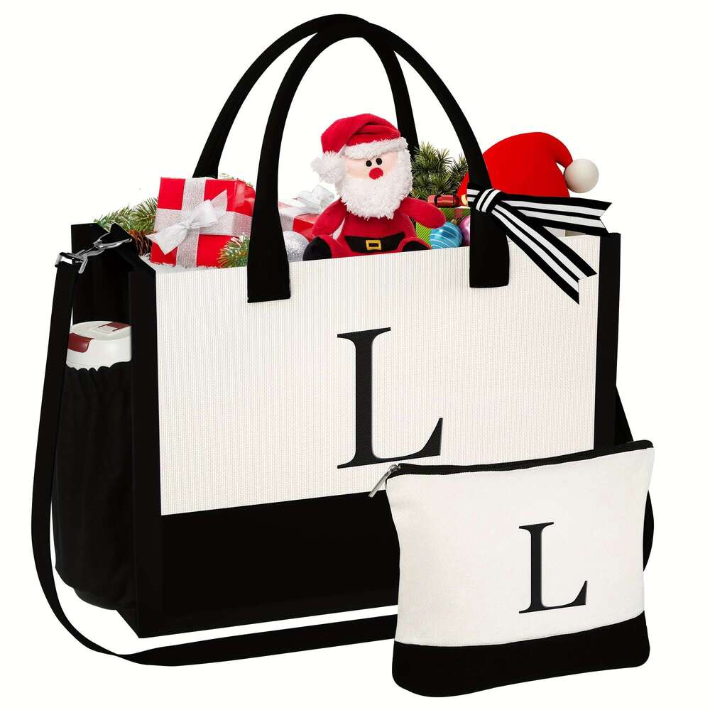 3pcs/2pcs - Initial Canvas Tote & Makeup Bag With Adjustable Strap, Birthday Women Gifts For Wife Girlfriend Friends Female Sister Teacher, Christmas 