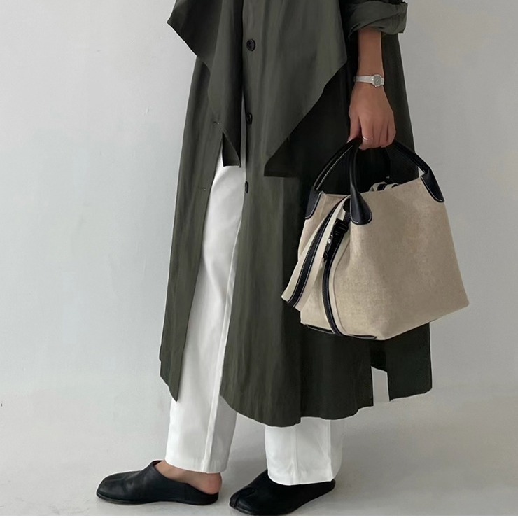 New Brand Cowhide Canvas Large Capacity Bucket Leather Basket Bag Crossbody Purses And Handbags