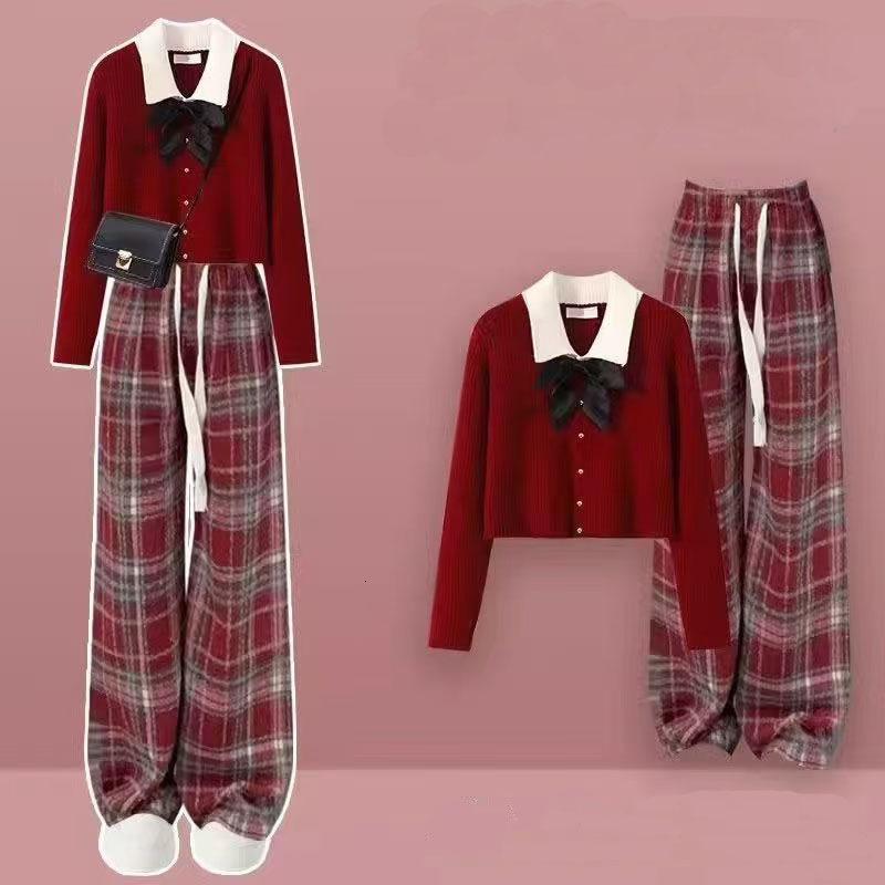 Autumn And Winter Two-Piece Women's New Holiday Outfit Red Sweater With Base Coat Wide Leg Pants Three Piece Pant Set
