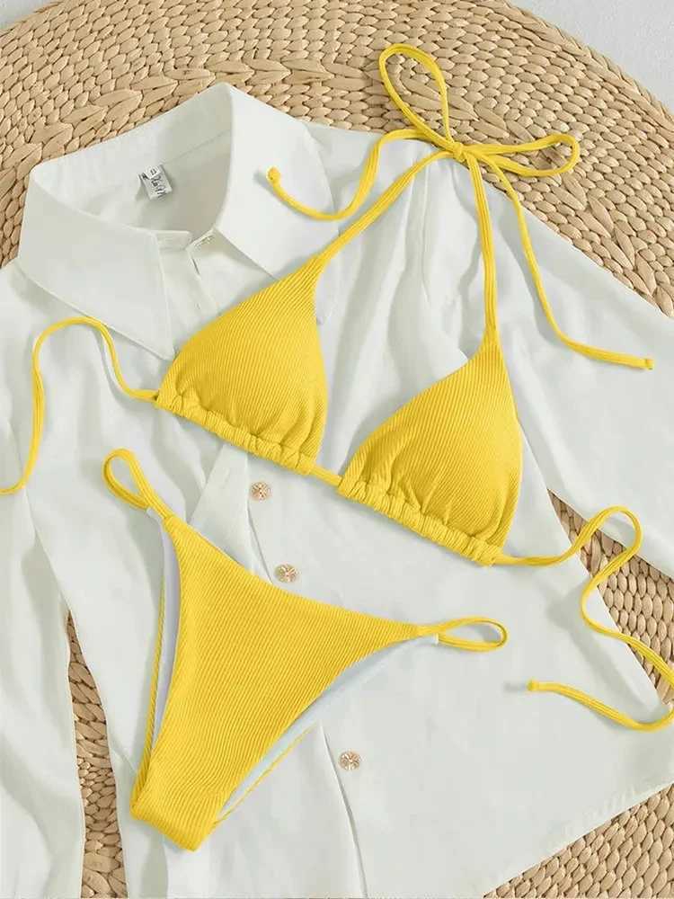OIINAA Bathing Suit Women Sexy Solid Halter Swimsuit Special Stripe Fabric Bikini Set Drawstring Lace Up Two-piece Split BiquiniXJ241223