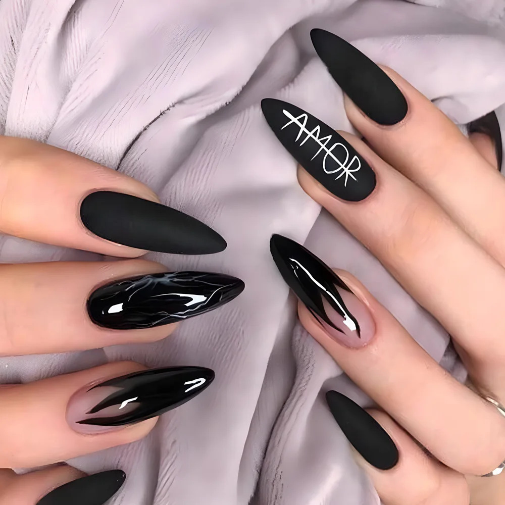 24Pcs Long Almond Stiletto False Nails Silver Base Ivy Press on Fake Nails Simple Wearable Nail Tips with Glue 241223