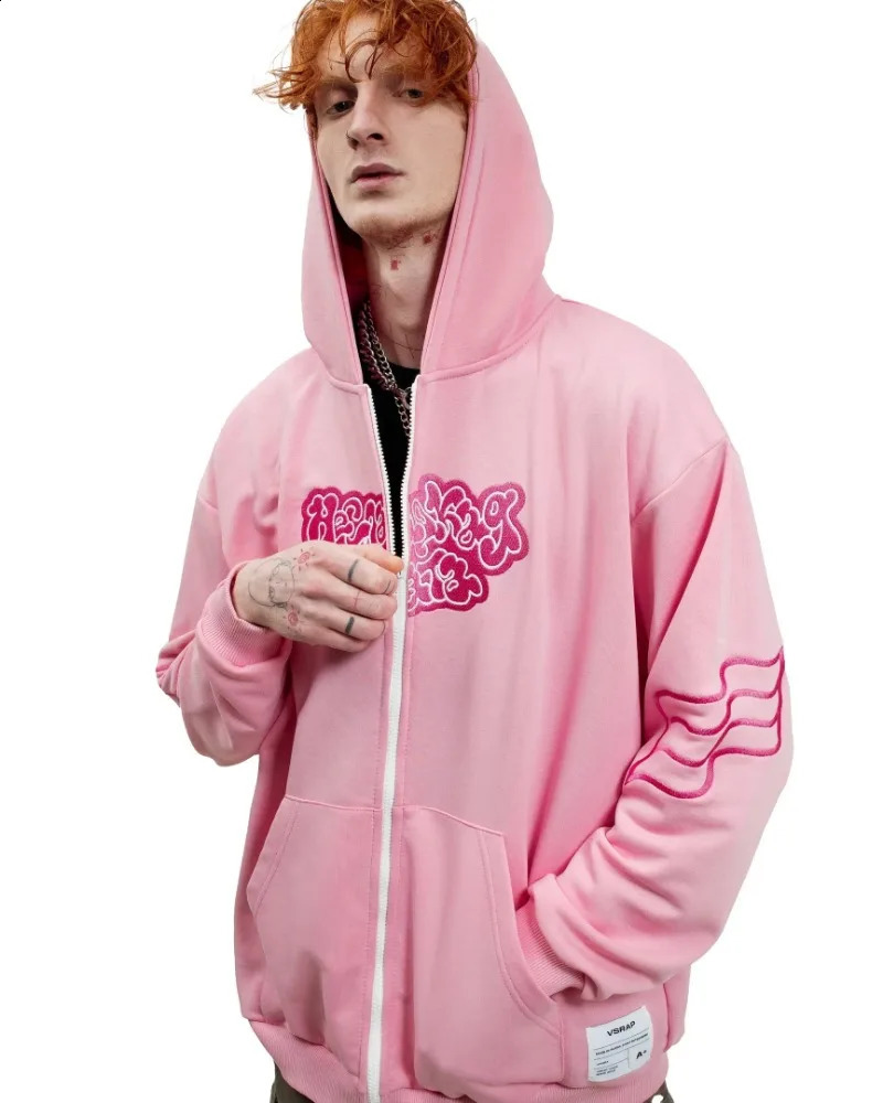 Y2K zip up Hoodie Harajuku Embroidered Pink Letters high quality vintage Oversized Sweatshirts Men Women Hip Hop streetwear top 241219