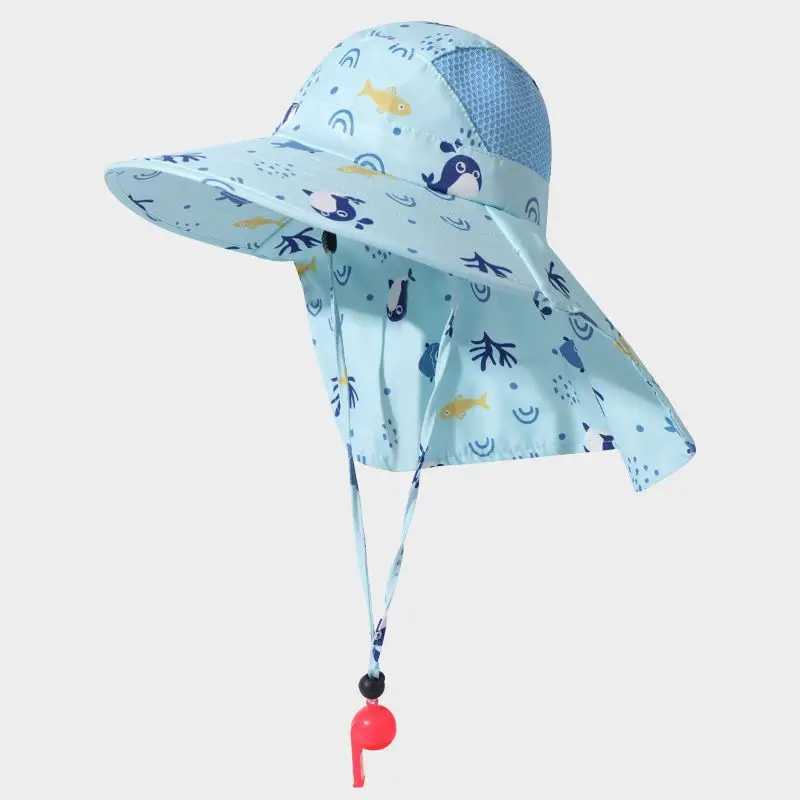 Caps Hats UV resistant childrens summer baby sun hat bucket hat with whistle suitable for girls boys outdoors neck earmuffs beach hat H241223