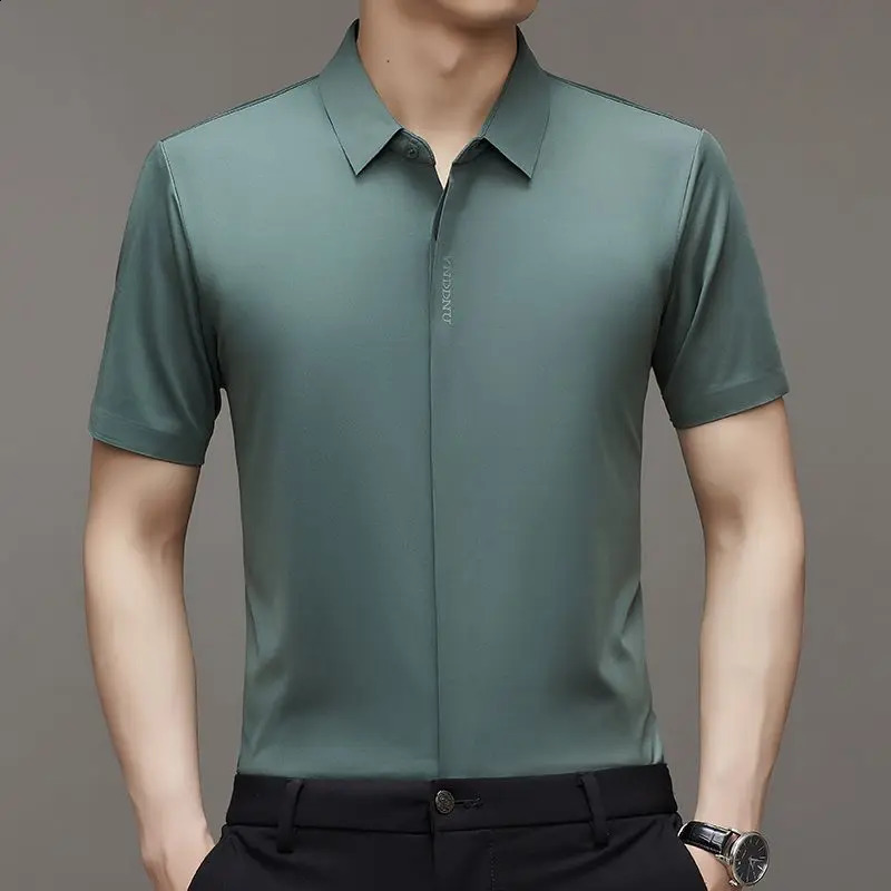 Summer Smart Casual Short Sleeved Mens Shirt Mens Solid Square Neck Button Embroidered Letter High End Wrinkle Resistant Tops 241223