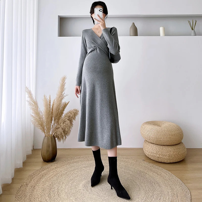 O70716# Dress Pregnant Long Sleeve Trendy Fashion Mom Loose Dress Women Maternity Clothes Knitted Mid-Long Pregnancy Dress 241223