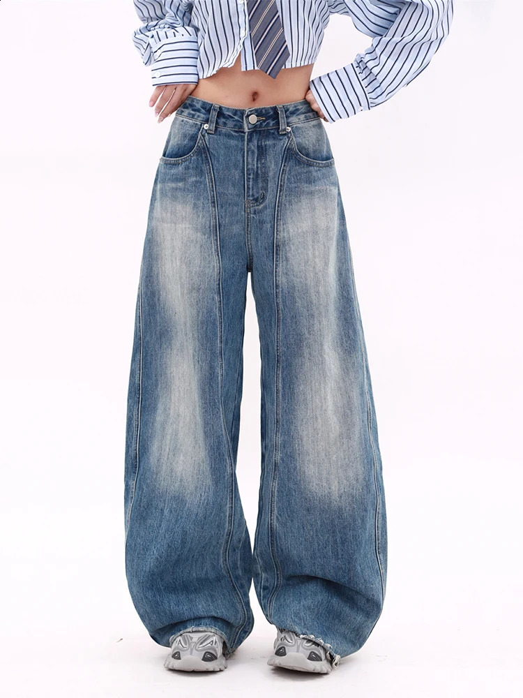 WCFCX STUDIO American Retro Washed Jeans Autumn Winter Loose Straight Trousers Fashion Casual Versatile Wide Leg Pants 241218
