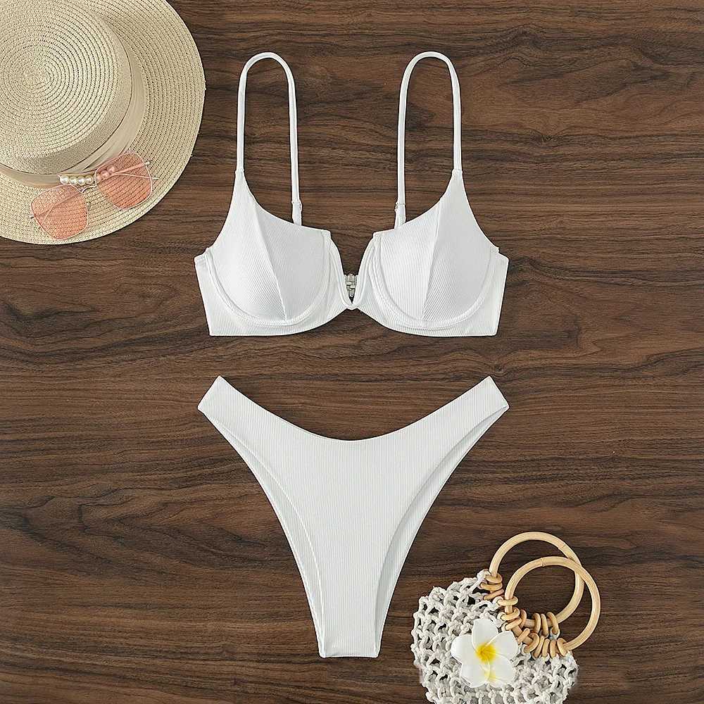 Sexy Underwired BikiniS 2024 Mujer Women Solid V-bra Push Up Two pieces Bikini Set High Cut Bathing Suit Padded Thong SwimsuitXJ241223