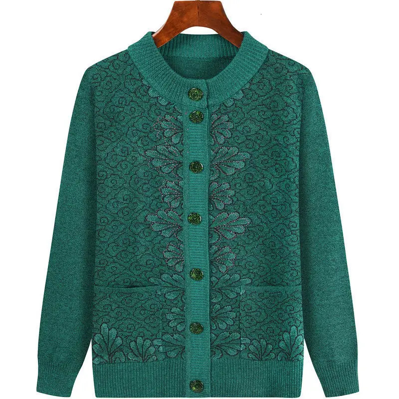 Middleaged Grandma Autumn knitting cardigan jacket Fashion Loose Longsleeve Pocket Sweater Coat Singlebreasted Warm Outwear 241220