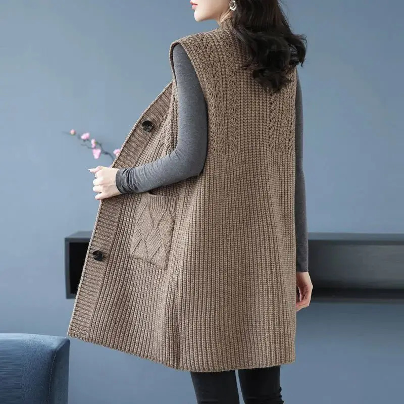 Autumn Winter Women Clothing Sweater Vests Coats Solid Vneck Pocket Sleeveless Fashion Casual Long Knitted Cardigan Tops 241220