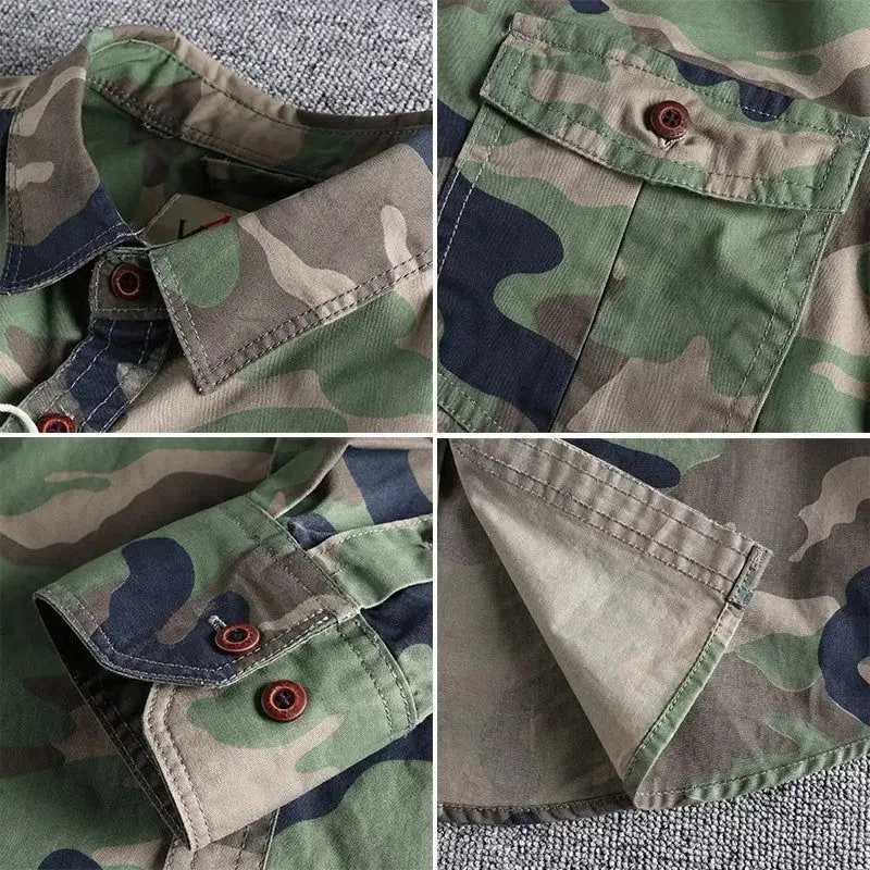 Mens camouflage cargo shirt made of high-quality and durable cotton suitable for outdoor hiking daily military casual pocket bra W241223