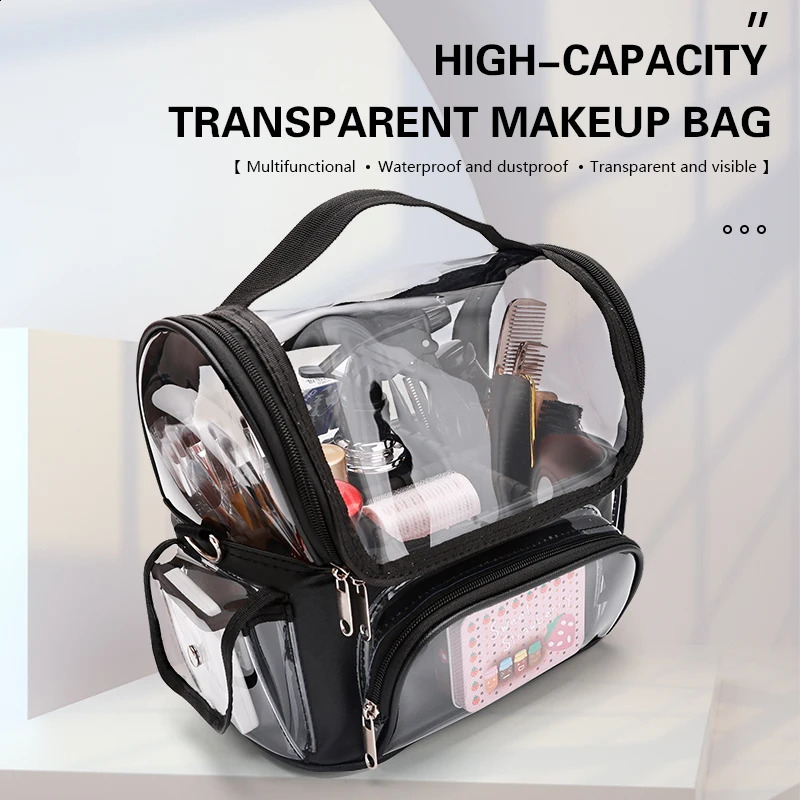 Professional Dividers Makeup Brush Case Makeup Artist Travel Clear Waterproof Cosmetic Organizer Bag with Adjustable Strap 241223