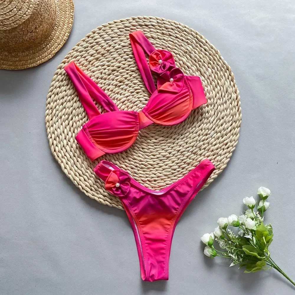 Sexy Flower Shiny Pink Push Up Bikini 2024 Women Swimwear Underwired Swimsuit High Cut Bathing Suit Wrinkled Bikinis Set BiquiniXJ241223