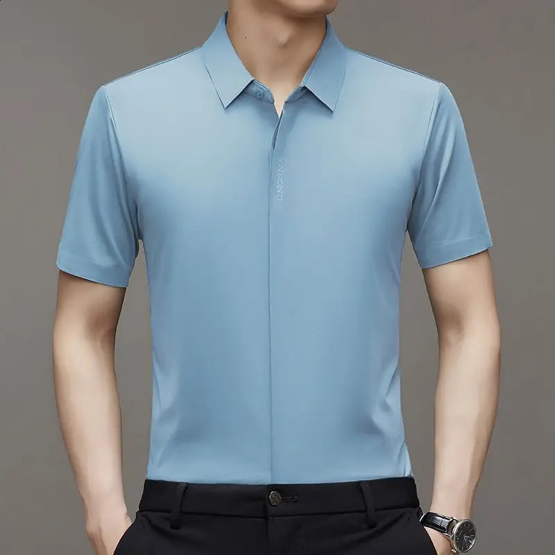 Summer Smart Casual Short Sleeved Mens Shirt Mens Solid Square Neck Button Embroidered Letter High End Wrinkle Resistant Tops 241223