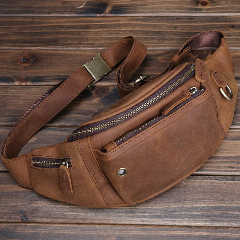 Crazy Horse Leather Men Baotou Layer Cowhide Mobile Phone Fanny Pack Large Capacity Sports Diagonal Chest Bag Mens Leather 241223