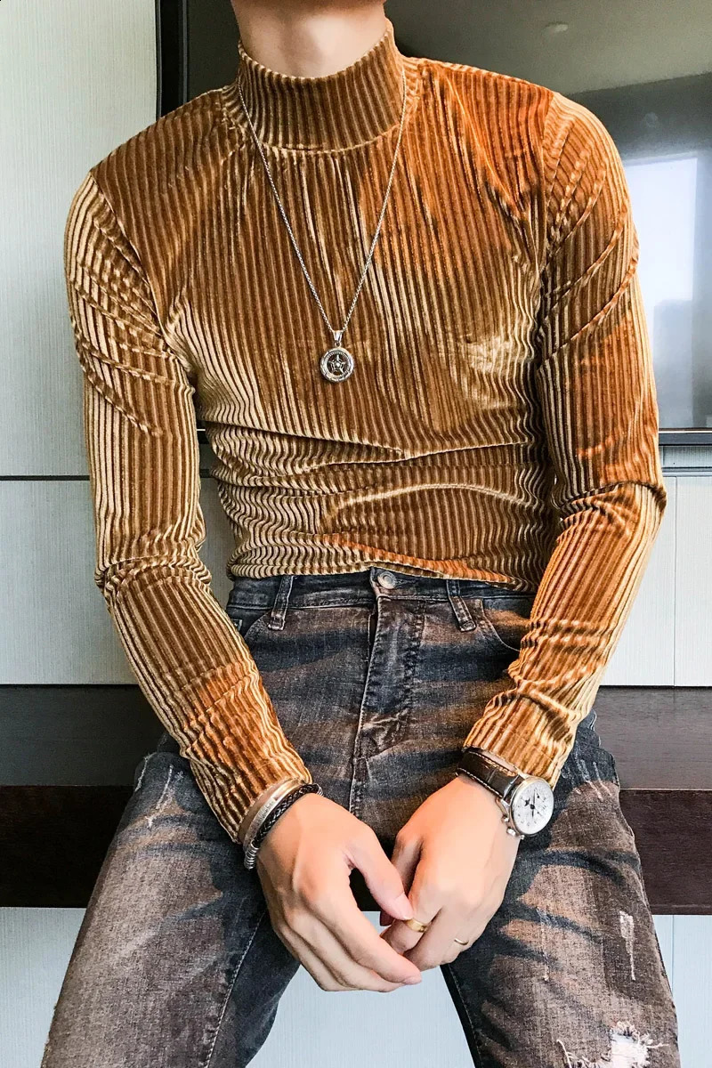 Velvet Turtleneck T-Shirt 2024 Fall Winter Slim Striped Casual T-Shirt Men Long Sleeve Tight T-Shirt Club Costume Camiseta Homme 241223