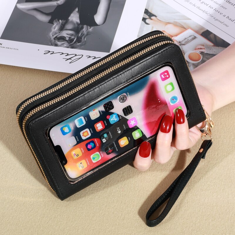 New Wallet Women's European And American Toucreen Card Double Layer Zipper Handle Plaid Embroidered Mobile Phone Bag