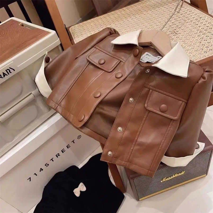 Baby Girls Leather Jackets Elegant Zipper Basic Jacket Spring Autumn Classics Handsome Baby Pu Outerwear Kids Clothing 241223