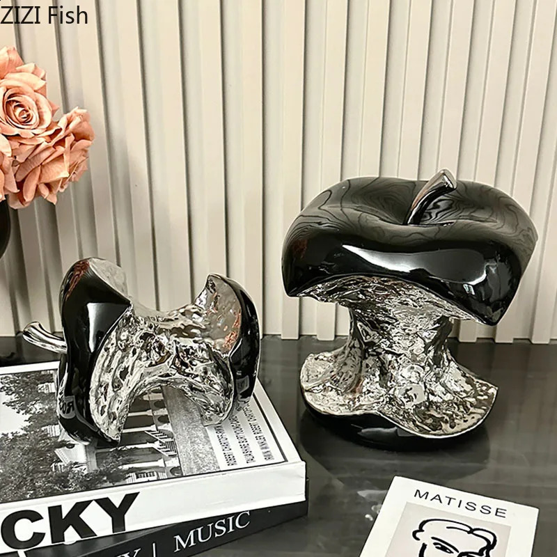 A Gnawed Apple Artworks Silver-plated Fruits Statue Desk Decoration Ornaments Ceramic Crafts Sculpture Room Aesthetic Decor 241223