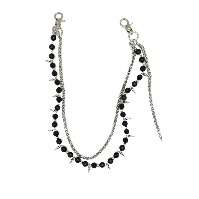 Dark punk style double layered jeans chain n with beaded spikes tassel waist chain niche bag chain 241220