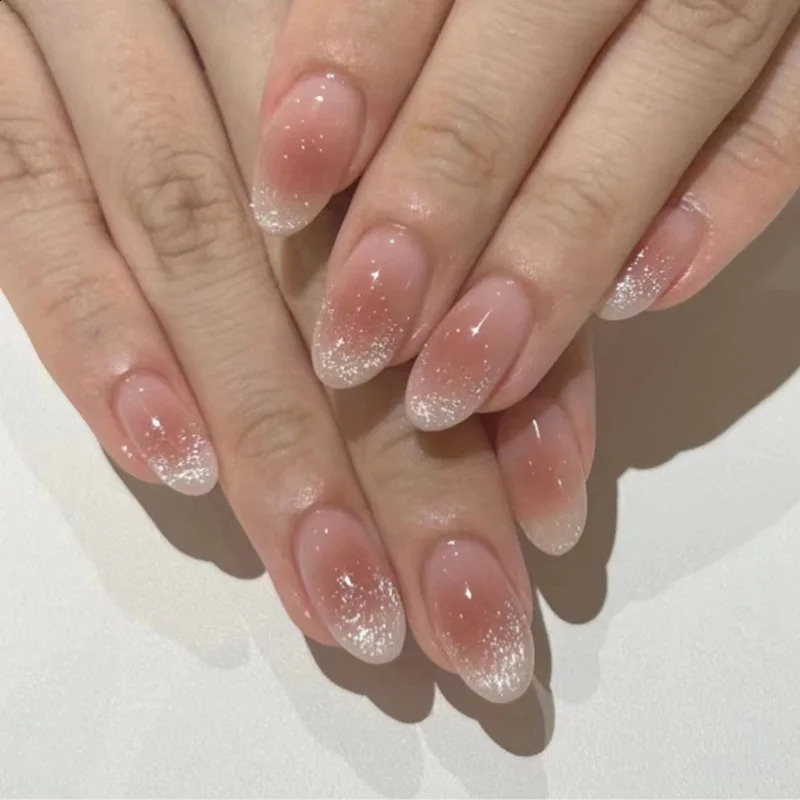 24Pcs Solid Color Grey Almond Fake Nail Cats Eye Wearable Round Head False Nails with Shiny Powder Press on Nails 241223
