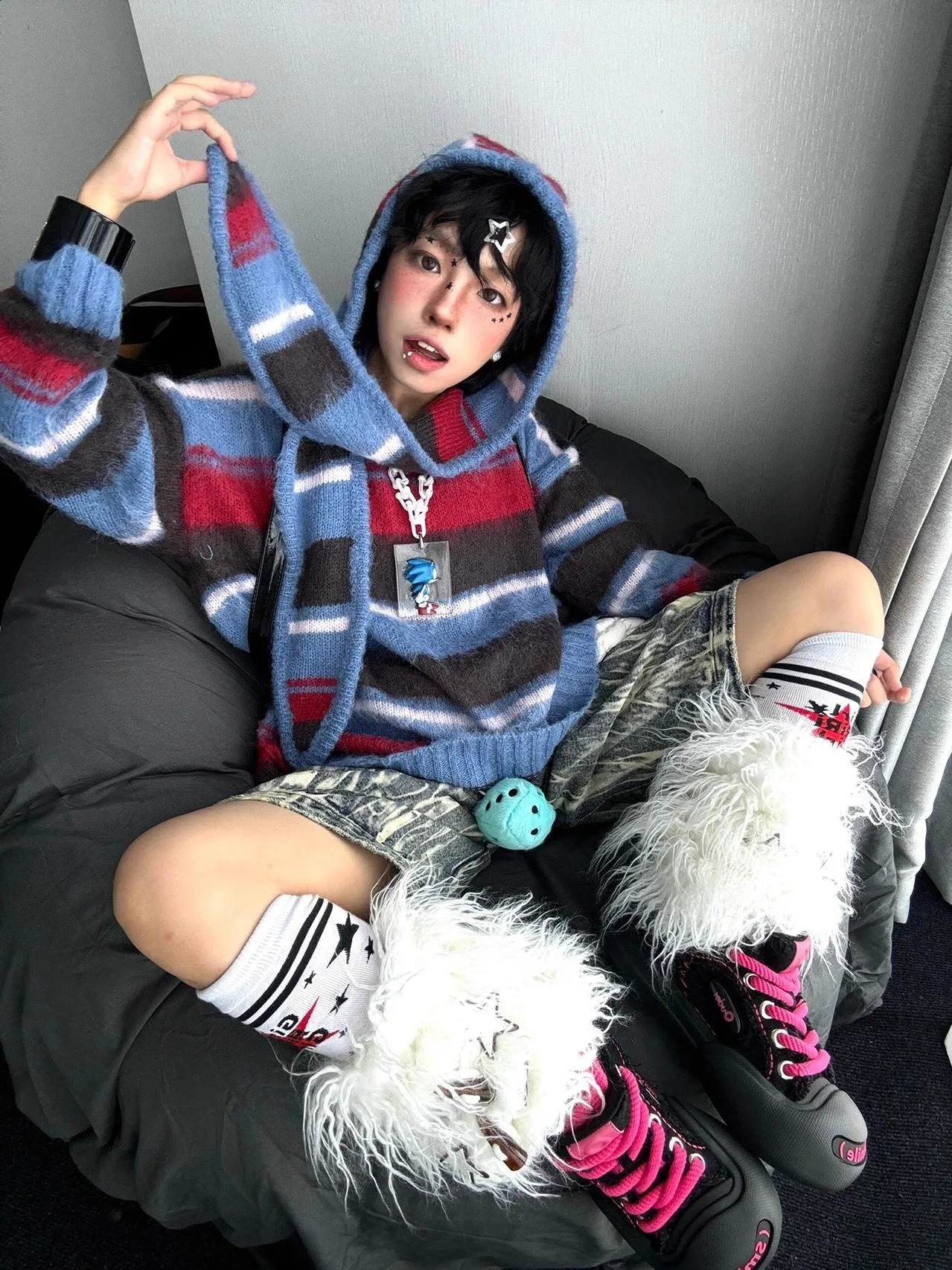 Genayooa Vintage Sweater Women Warm Patchwork Striped Pullovers Streetwear Y2k Japanese Sweaters With Hooded American Retro 90s 241223