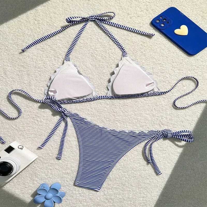 Blue Striped Print Swimwear Triangle Micro Bikini Set Mini Thong Sexy Swimsuit Women Halter String Bathing Suit Bikinis De MujerXJ241223