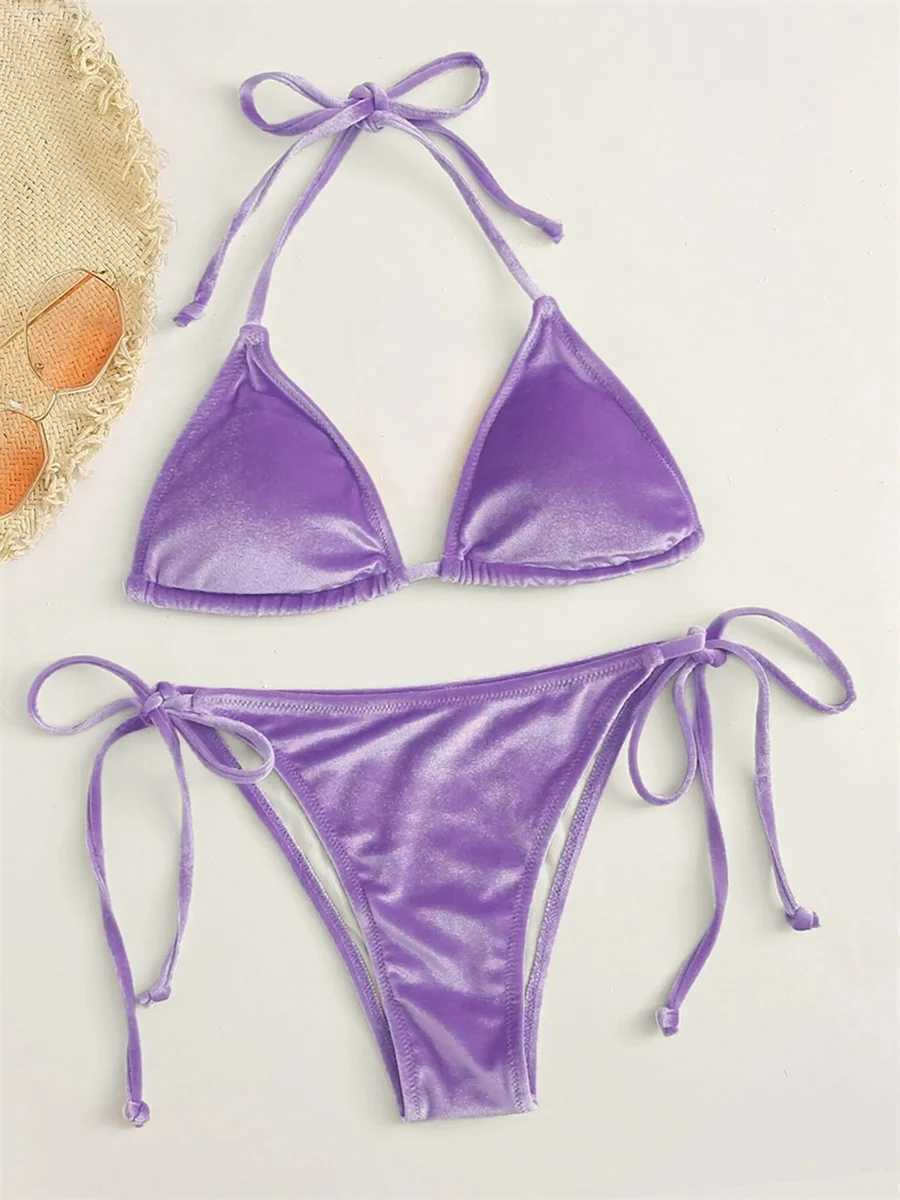 Sexy Triangle Bikinis Set Women 2024 Solid Pink Criss Cross Velvet Swimsuit Luxury Rhinestone Bathing Suit Metal Swimwear Y2KXJ241223