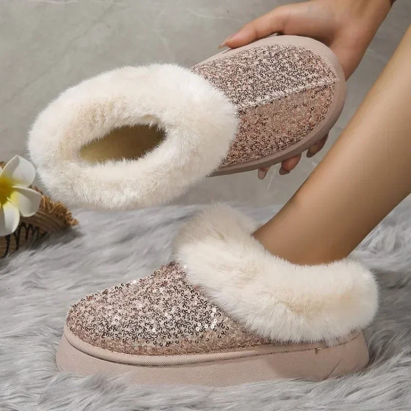 Faux Fur Winter Women 2025 Fashion Sequined Cloth Warm Snow Boots Woman Non-slip Thicken Plush Ankle Booties Plus Size 44