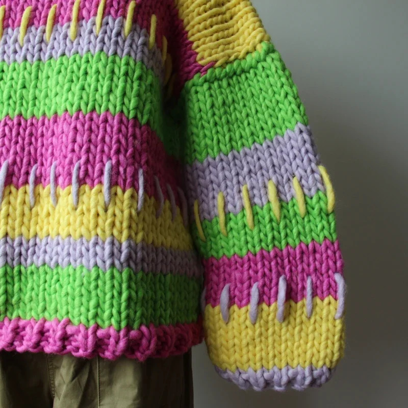 Thick Colorful Loose Fit Chunky Sweater Women Handmade Warm Pullover Winter Clothes 241223