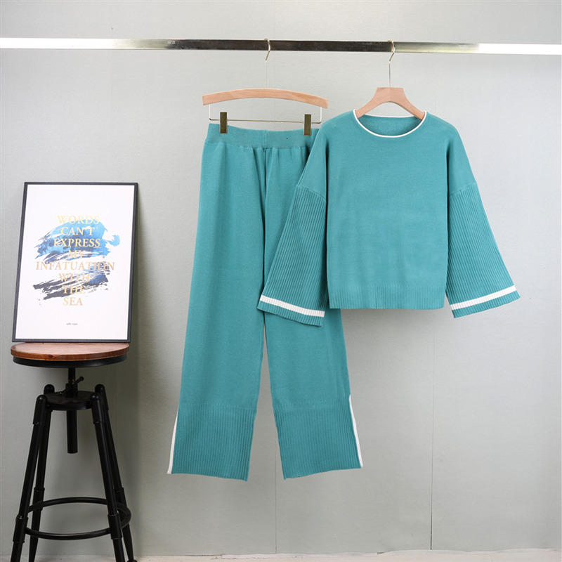 Women Pullovers Pant Set Casual Sweater Suits Knitted Loose Elegance Long Sleeve Tops Autumn Winter Elastic