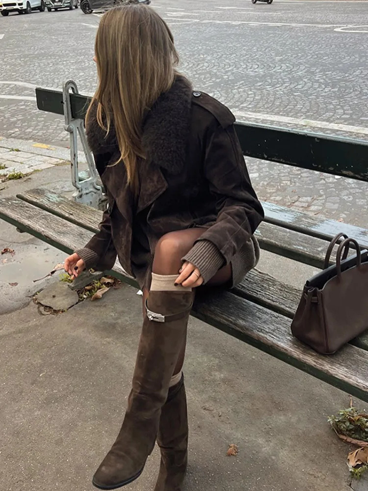 Women Vintage Brown Faux Fur Jacket Chic Lapel Long Sleeve Button Belt Short Coat 2024 Autumn Female High Street Outerwear 241220