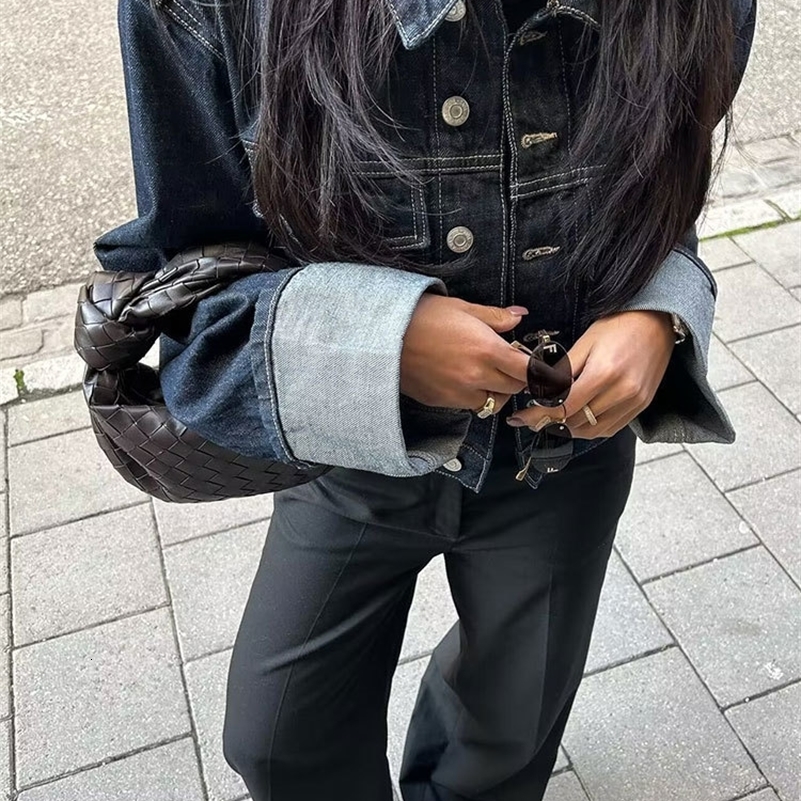 TRAFZA Women Vintage Denim Jacket Pant Sets Single Breasted Lapel Long Sleeve Coat Wide Leg Trousers Jeans High Street Outfits y241203