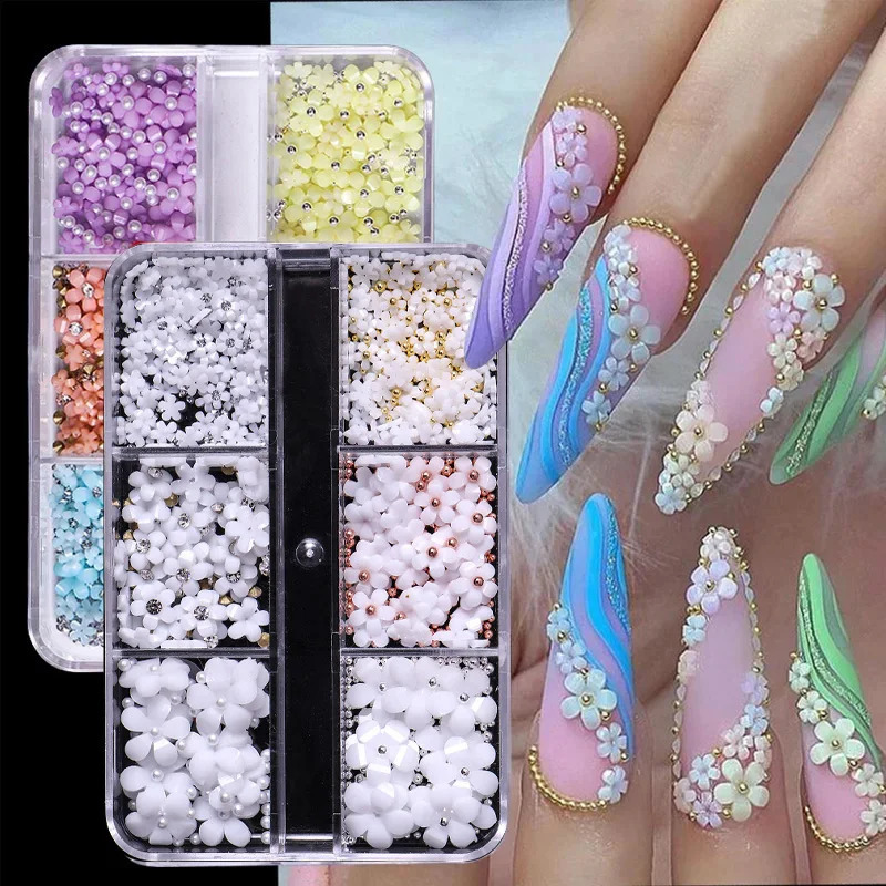 6 PCS color nail resin five-petal flower small steel ball mixed wearing nail decoration 241223