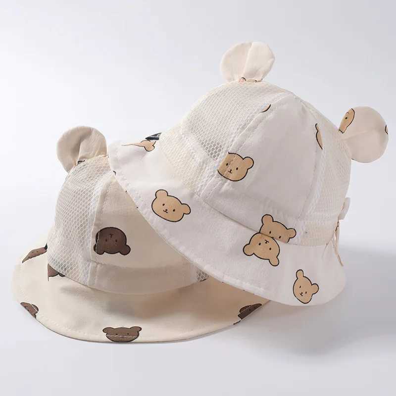 Caps Hats Cute Bear Baby Bucket Hat with Ears Boy and Girl Cartoon Cotton Mesh Breathable Sun Hat Childrens Outdoor Summer Childrens Hat H241223