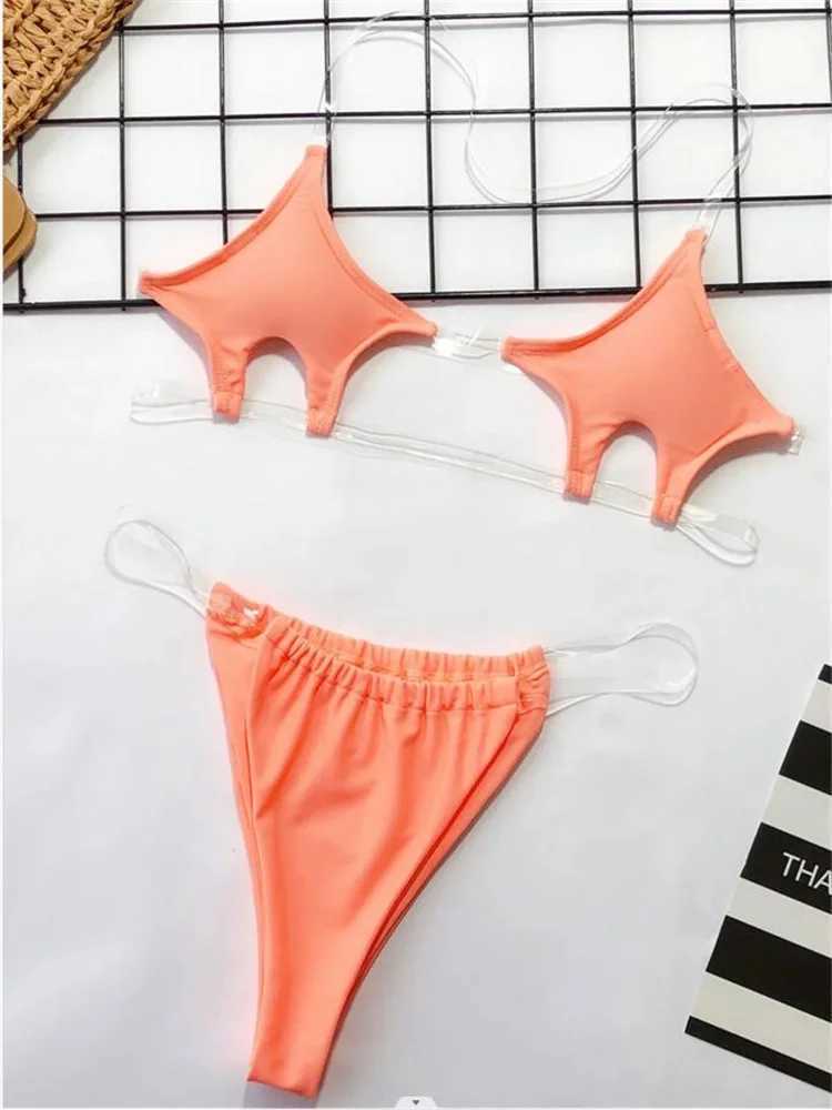 Sexy Micro Bikini 2024 Women Pentagram Design Transparent Swimwear Neon Clear Strap See Through Thong Swimsuit Traje De BaoXJ241223