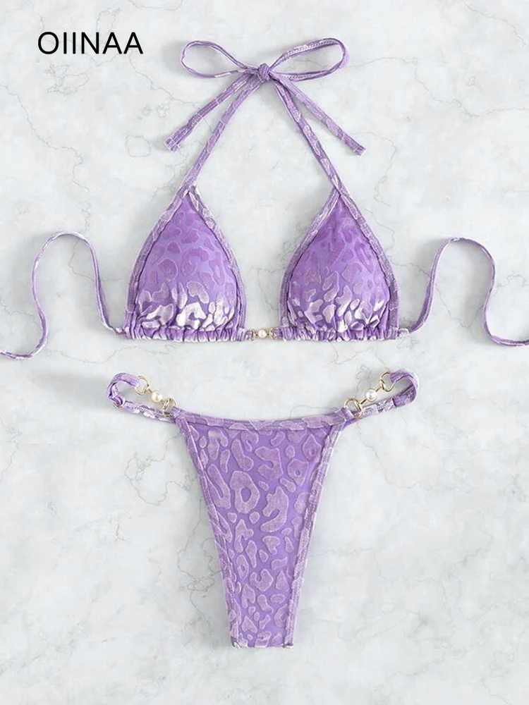 Sexy Swimwear Women Lace Up Bikini Suit Female Leopard Printed Bow Tie Beachwear Pearl Biquinis Swimsuit Bather Bathing SuitXJ241223