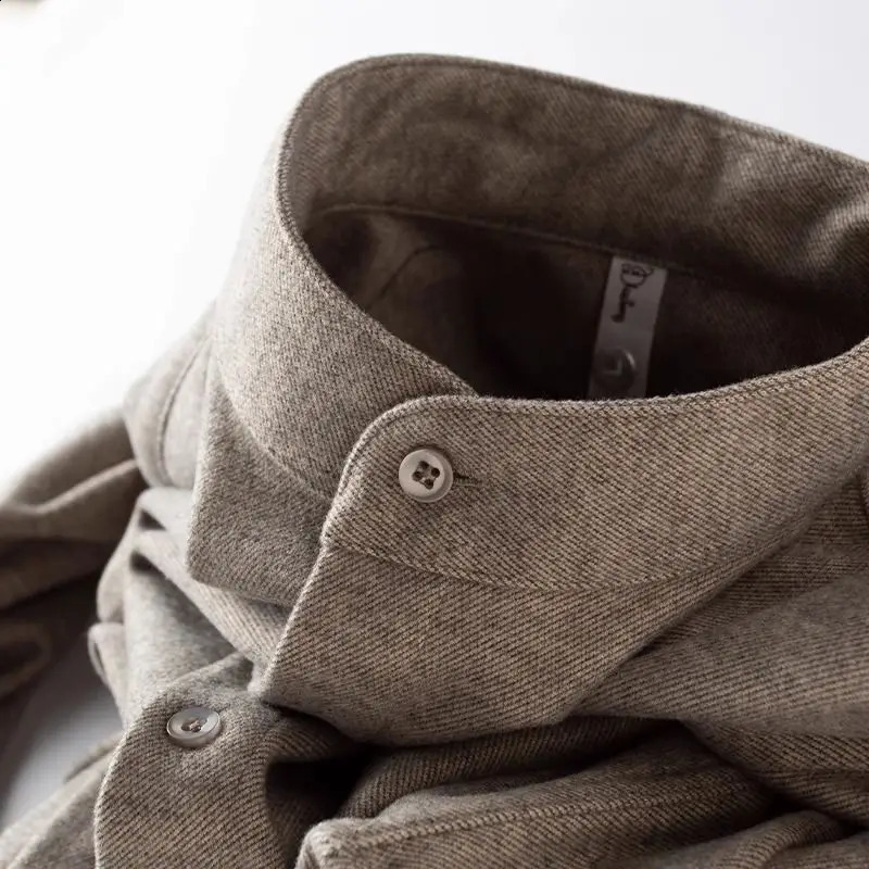 Men Long Sleeve Shirt Stand Collar Brown Shirt Autumn And Winter Warm Thick Zhongshan Collar Flannel Shirt 241223