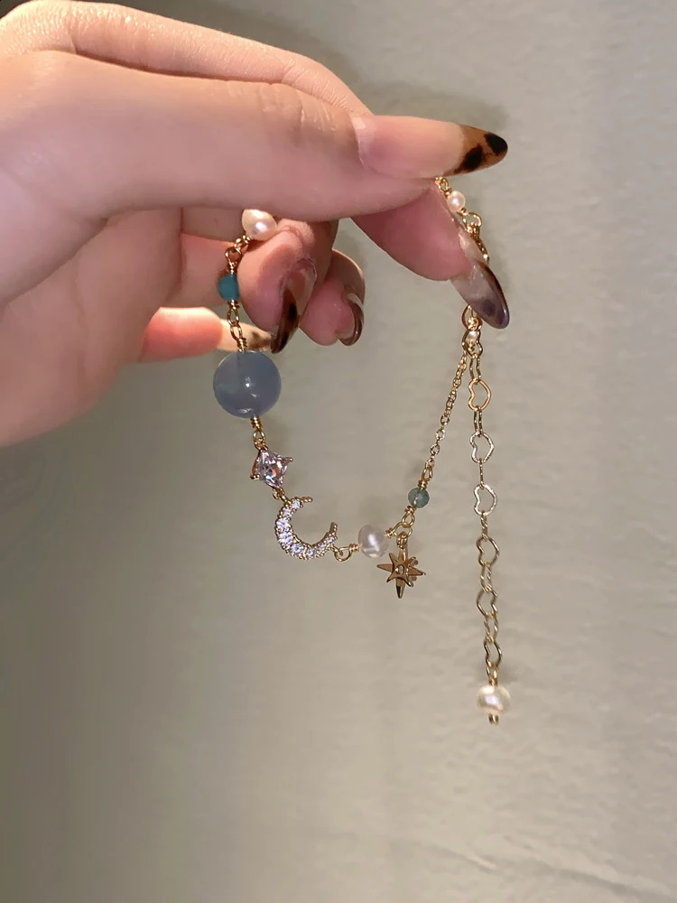 Blue Love Vintage Aquamarine Pearl Bracelet Trendy Summer Sweet Fashion Hand Chain Jewelry Accessories 241220